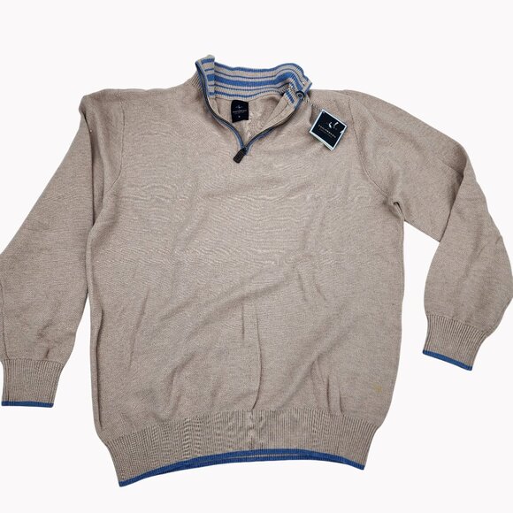 TailorByrd Men’s 1/4 Zip Sweater XL Beige Blue Trim Cotton Knit Pullover New - Picture 1 of 9